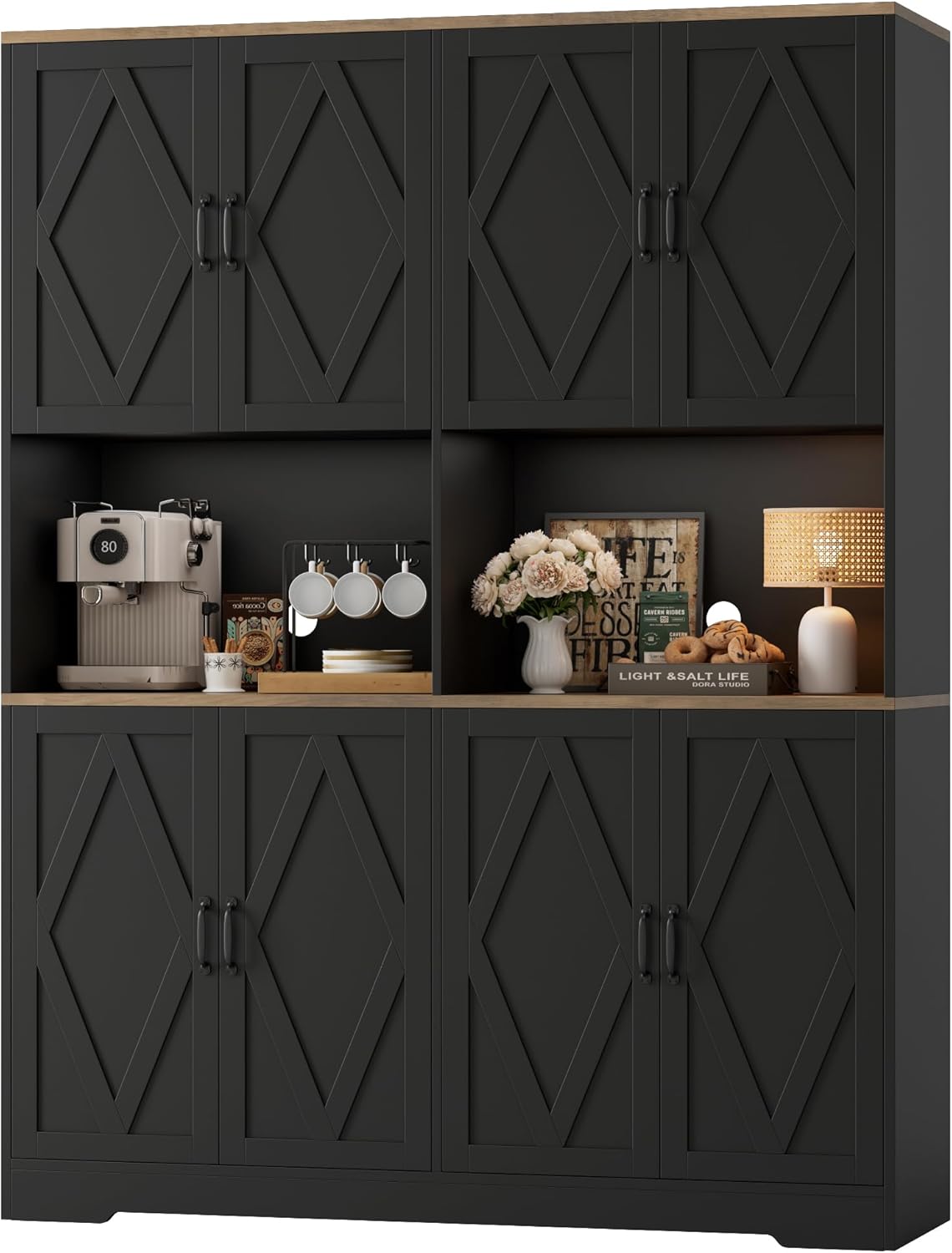 HOSTACK 71 Tall Pantry Cabinet, 55 Wide Kitchen Pantry Storage Cabinet, Large Kitchen Hutch with 2 Microwave Stands, Farmhouse Coffee Bar Station with Doors and Shelves for Dining Room, Black