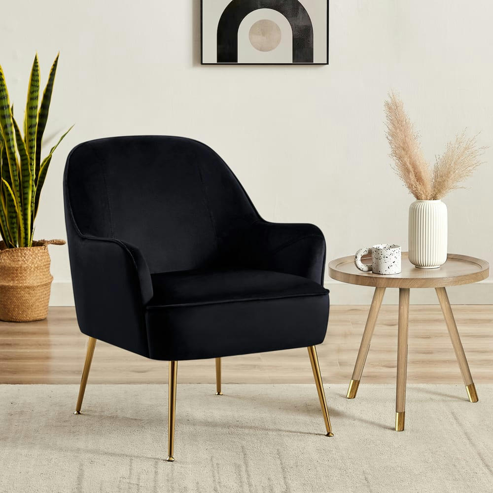 MARCELINO - Fauteuil  en velours noir avec piètement doré