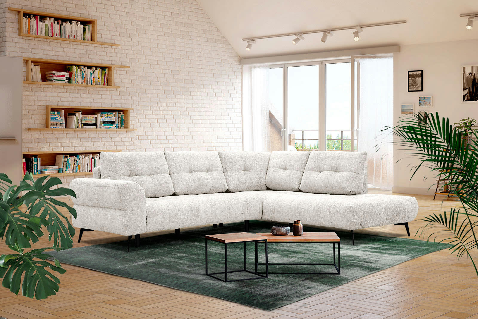 SALVINI - Canapé d'angle droit 5 places tissu écru