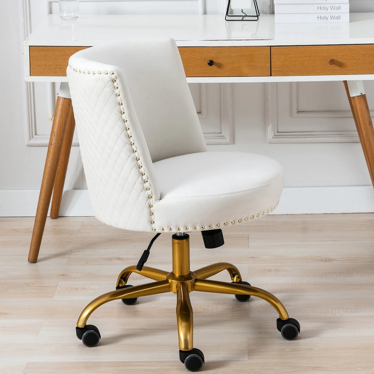 Modern Luxury Style Swivel & Adjustable Velvet Accent Chair with Nailhead Trim and Gold Finish Metal Five-Pronged Base