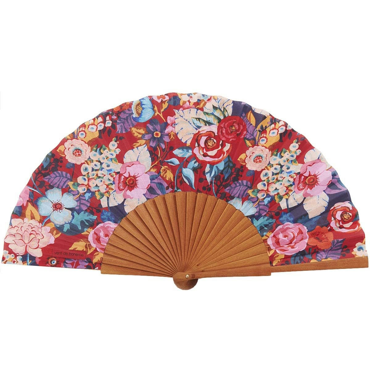 - Éventail en bois de merisier et coton motif fleuri
