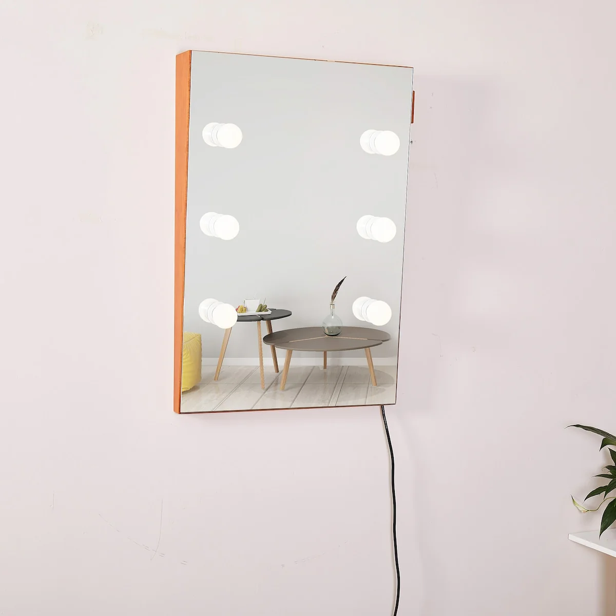 Wooden Wall Vanity Mirror Makeup Dressing Mirror with LED Bulbs