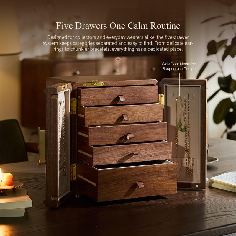 Lockable Walnut Jewelry Box with Key, 5-Layer Jewelry Organizer Storage Box for Necklaces, Rings, Earrings & Bracelets - Mothers Day Gifts for Mom