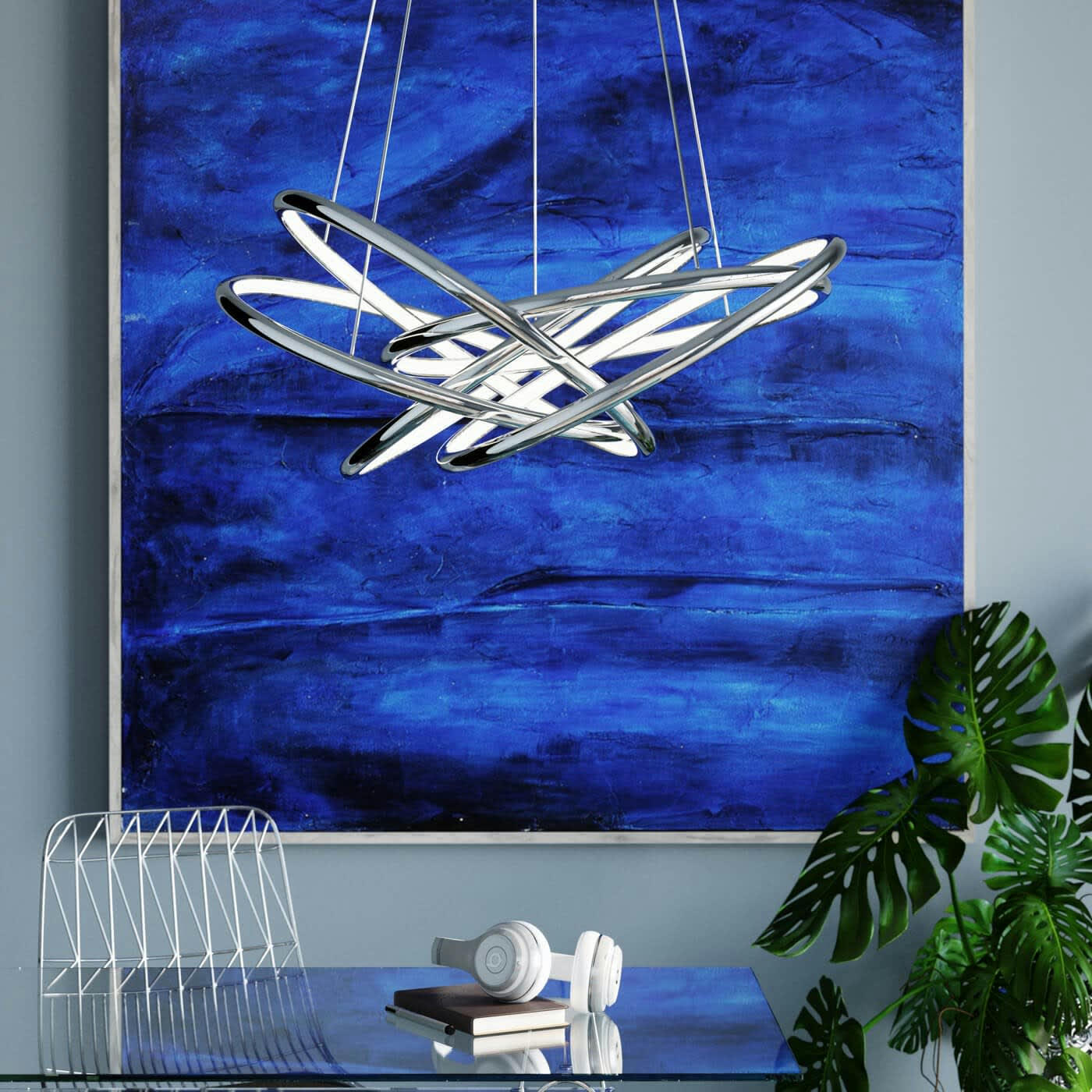 SATURN - Suspension LED 5 anneaux en aluminium chromé