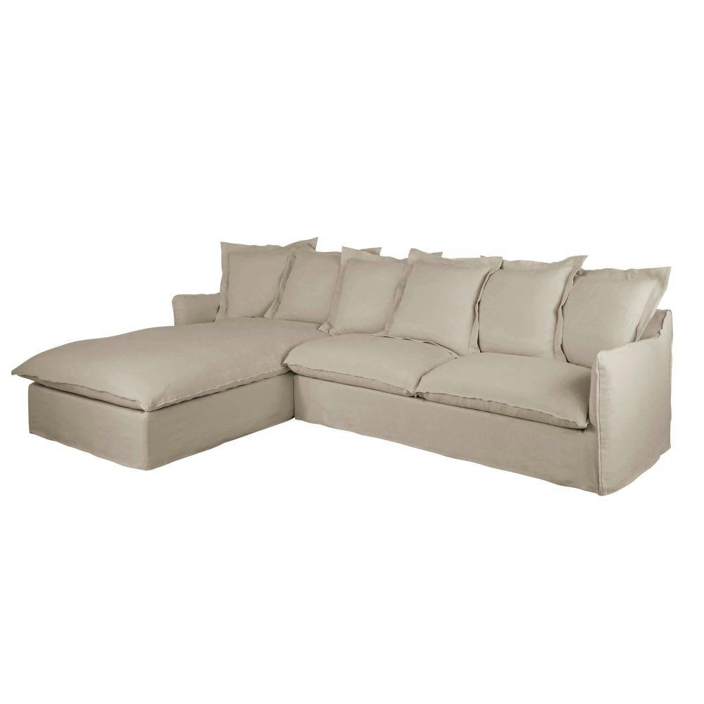 Barcelone - Canapé d'angle gauche 5/6 places en lin supérieur beige