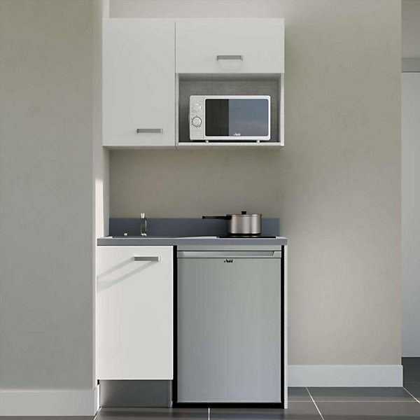 Kitchenette K00 - 100 cm - façades Blanc - Plan monobloc en quartz coloris Cromo évier à gauche - Electroménager Inox