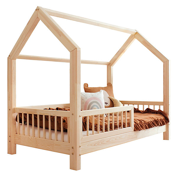 Lit cabane 90x190 barrière et sommier inclus pieds 10 cm Sofia Bois