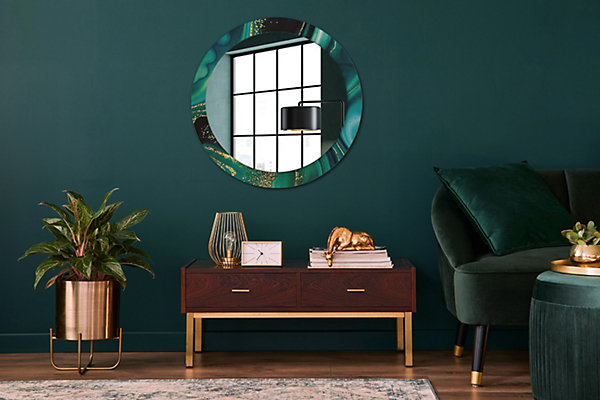 Miroir Rond Cadre Verre Imprimé Wallfluent fi80 cm Marbre émeraude Décoratif Modèle Tendance Design Glamour
