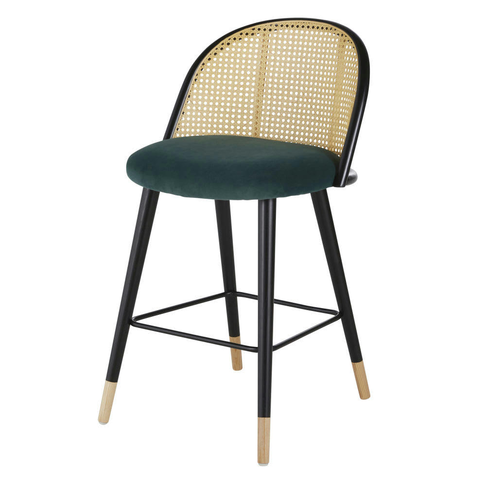 Mauricette - Chaise pour îlot central en velours vert et cannage en rotin H64