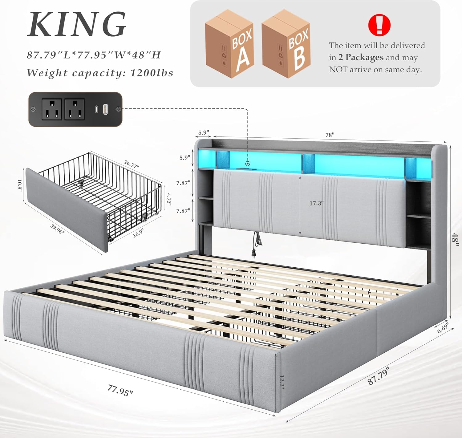 EnHomee King Size Bed Frame with 4 Storage Drawers, Upholstered Platform King Bed Frame with Multi-Tier Storage Headboard & LED Lights & Charging Station, No Noise, No Box Spring Needed, Grey