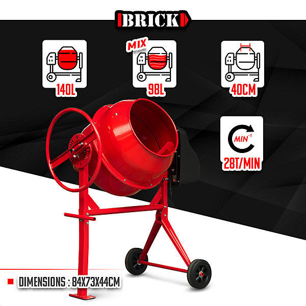 Bétonnière électrique 550w - 140 litres - Avec roues - Brick