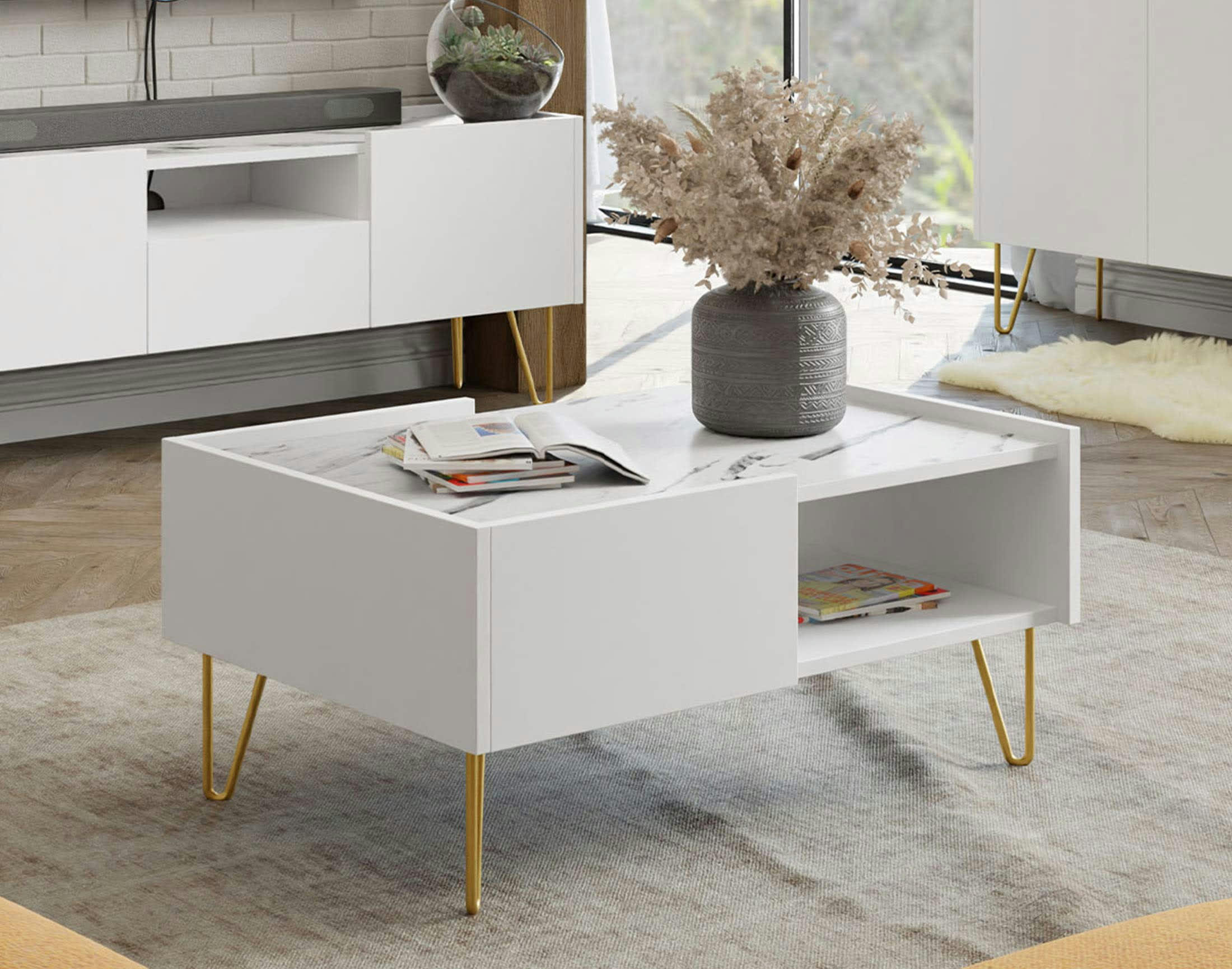 CALI - Table basse style contemporain 97 cm blanc / doré
