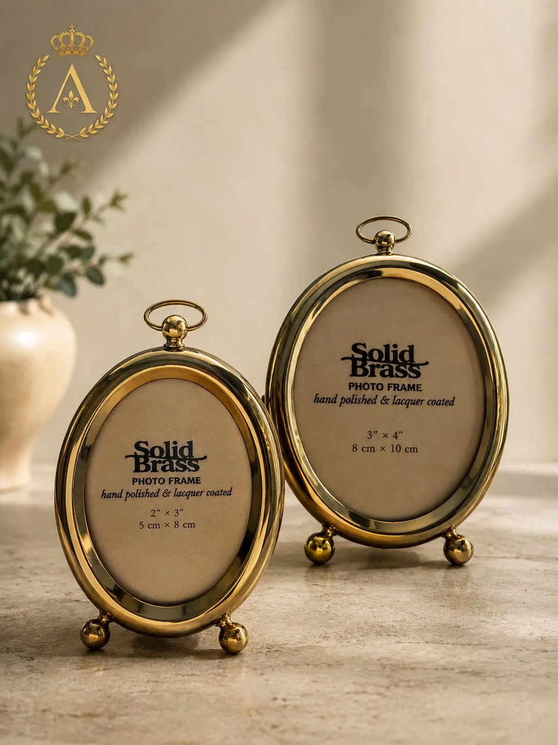 Vintage Solid Brass Oval Photo Frames Set of 2 2x3 & 3x4 Pocket Watch Style Tabletop Picture Frames