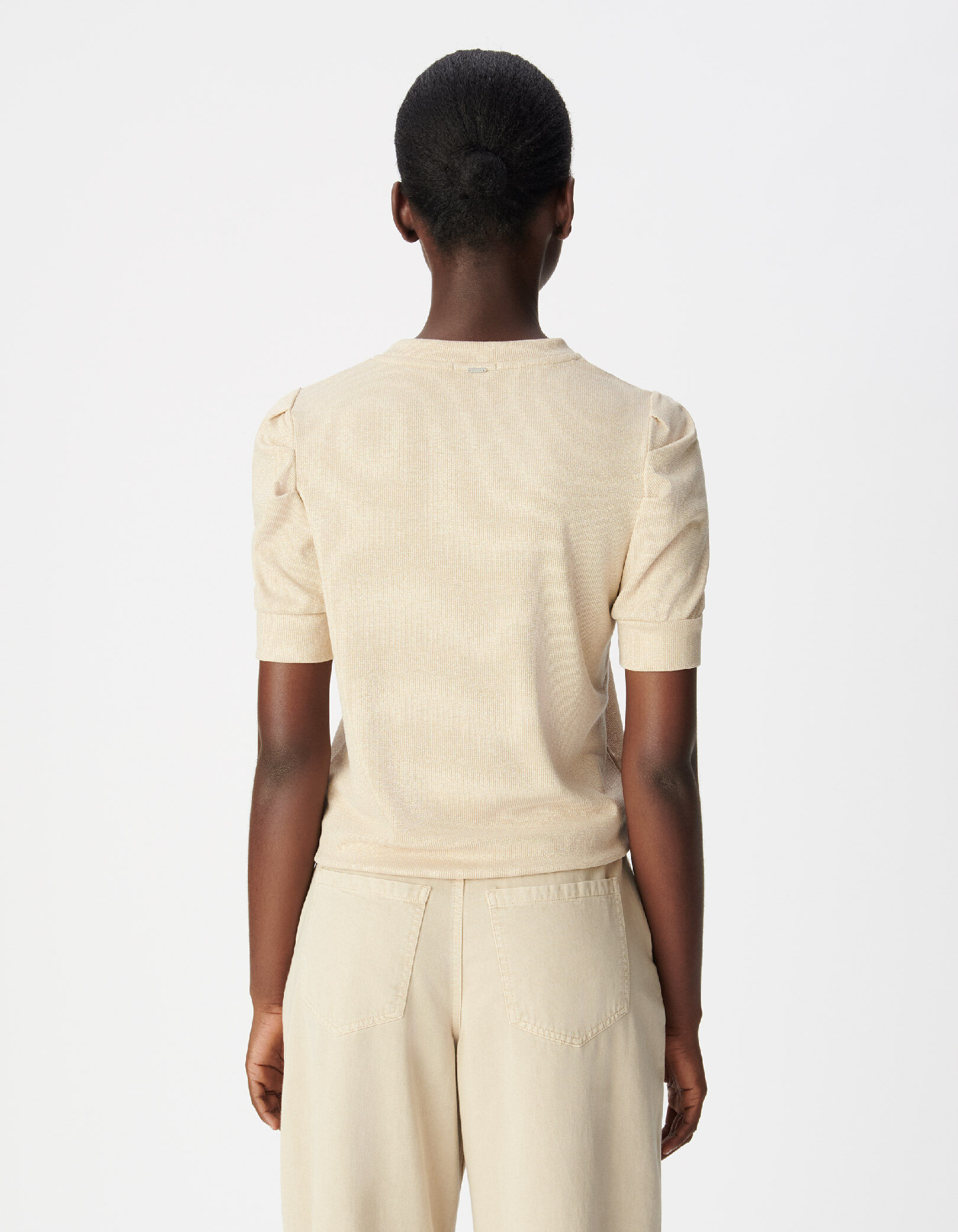 Tee-shirt col rond vert pailleté manches froncées Femme