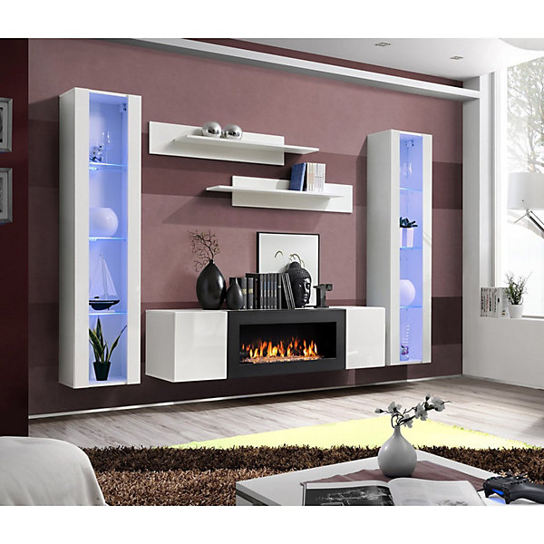 Ensemble de meubles suspendus avec cheminée décorative collection FLY M2. Coloris blanc.
