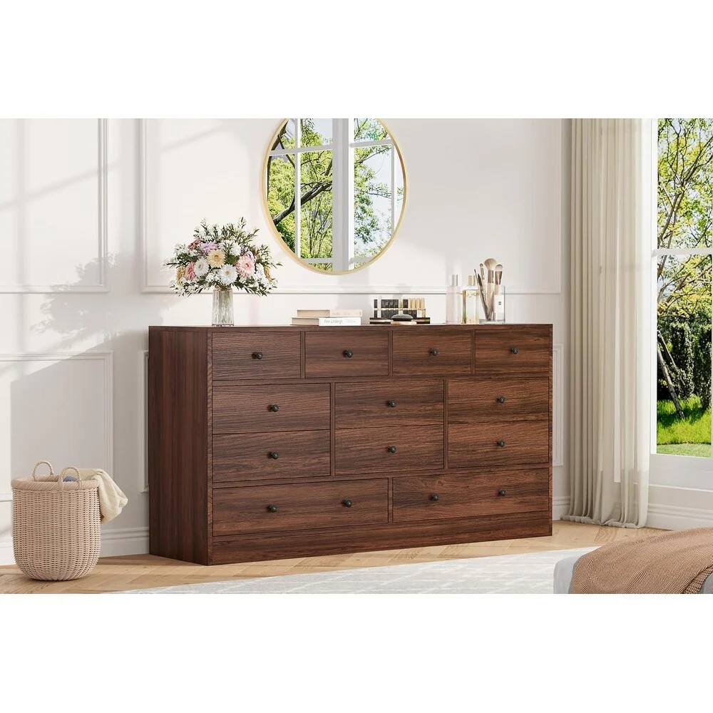 12 Drawer Dresser for Bedroom, 61 Inch Wood Dresser with Power Outlet