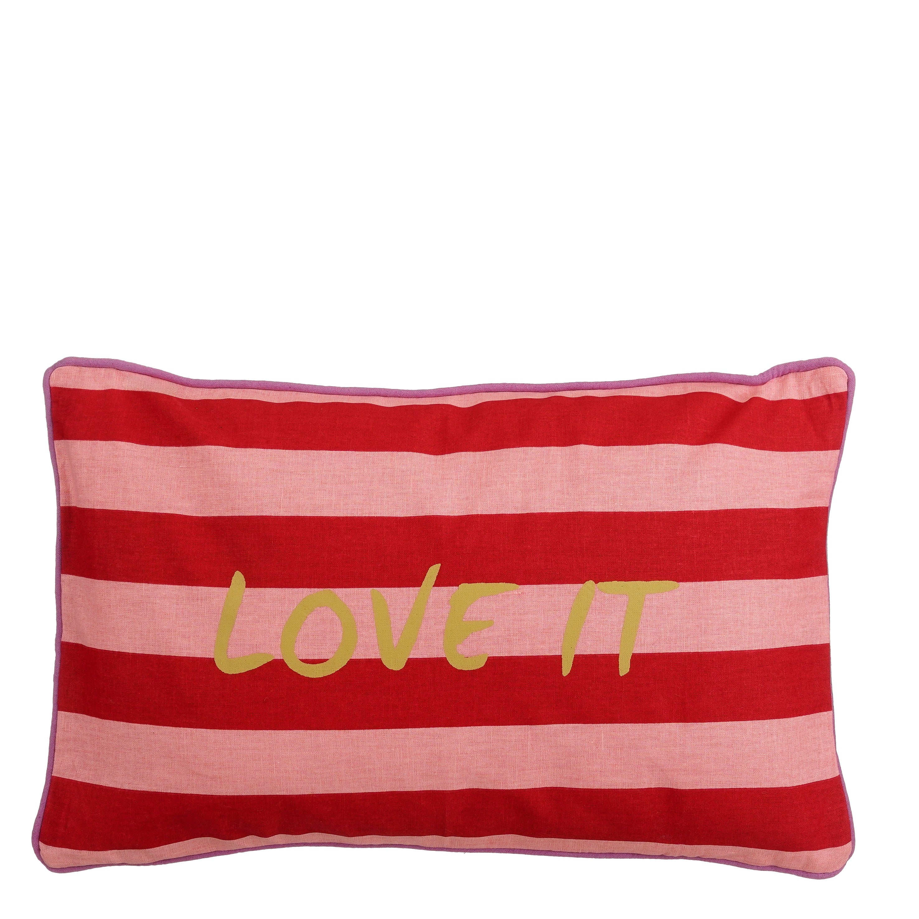 Mica Decorations Love It Sierkussen - Kussen met Kussenhoes - Woondecoratie Woonkamer - 55 x 35 x 10 cm - Katoen, Linnen, Polyester - Rood, Roze, Geel