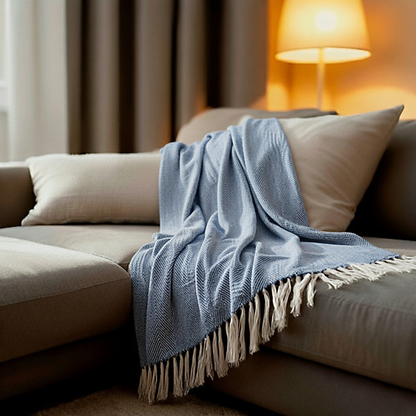 Couverture plaid 100% coton bleu marine avec franges 180x220cm ZIGORA - SACASA