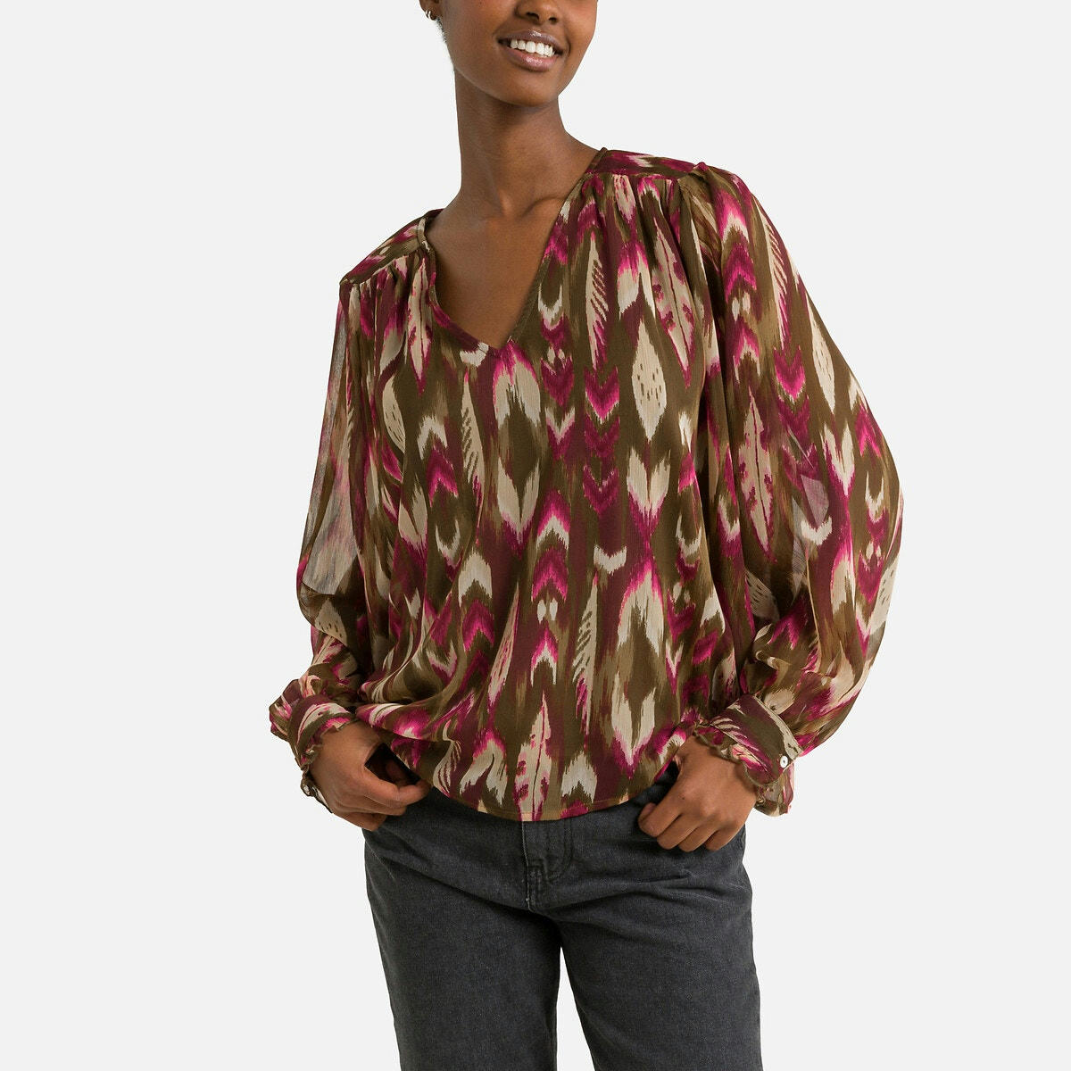 Blouse encolure v, manches longues, imprimée