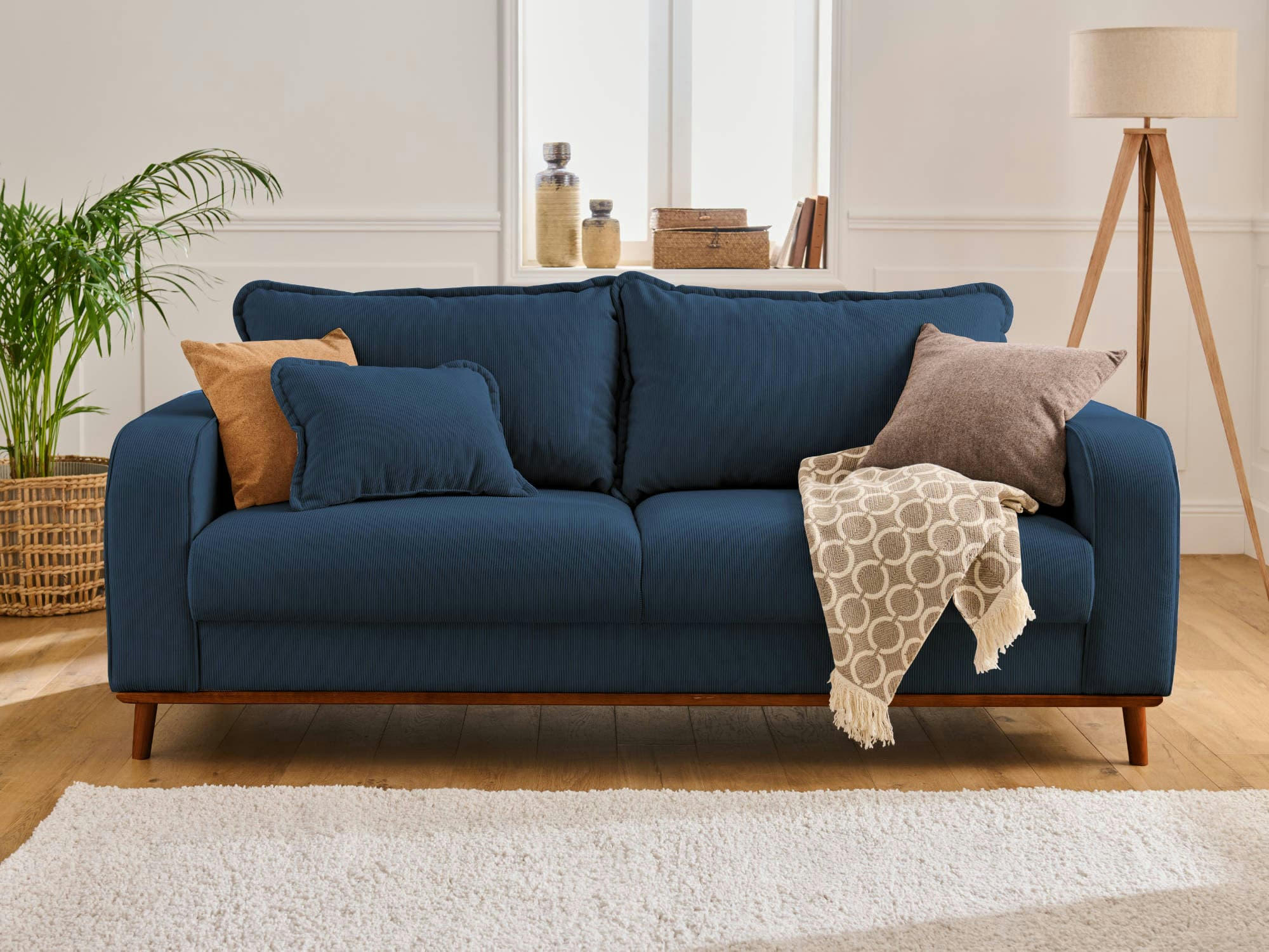 BILLIE - Canapé droit 3 places en velours côtelé bleu ardoise