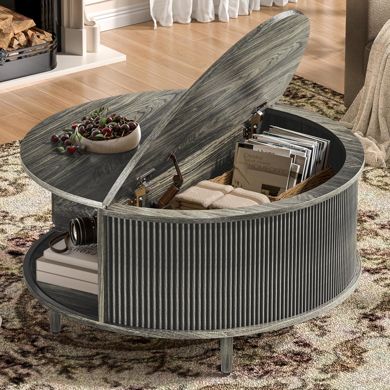 Round Coffee Table, 31.5 Fluted Center Table with Storage, Lift-Top Coffee Table with Adjustable Footpads, Sliding Door, Mid-Century Modern Center Table for Living Room, Small Space (Grey)