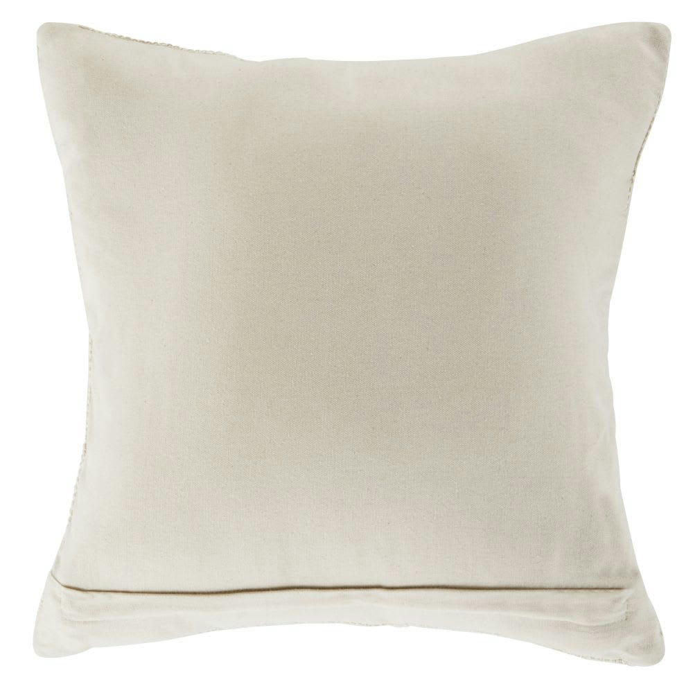 NAMI - Coussin en coton beige et écru avec coquillage et frange en raphia 45x45