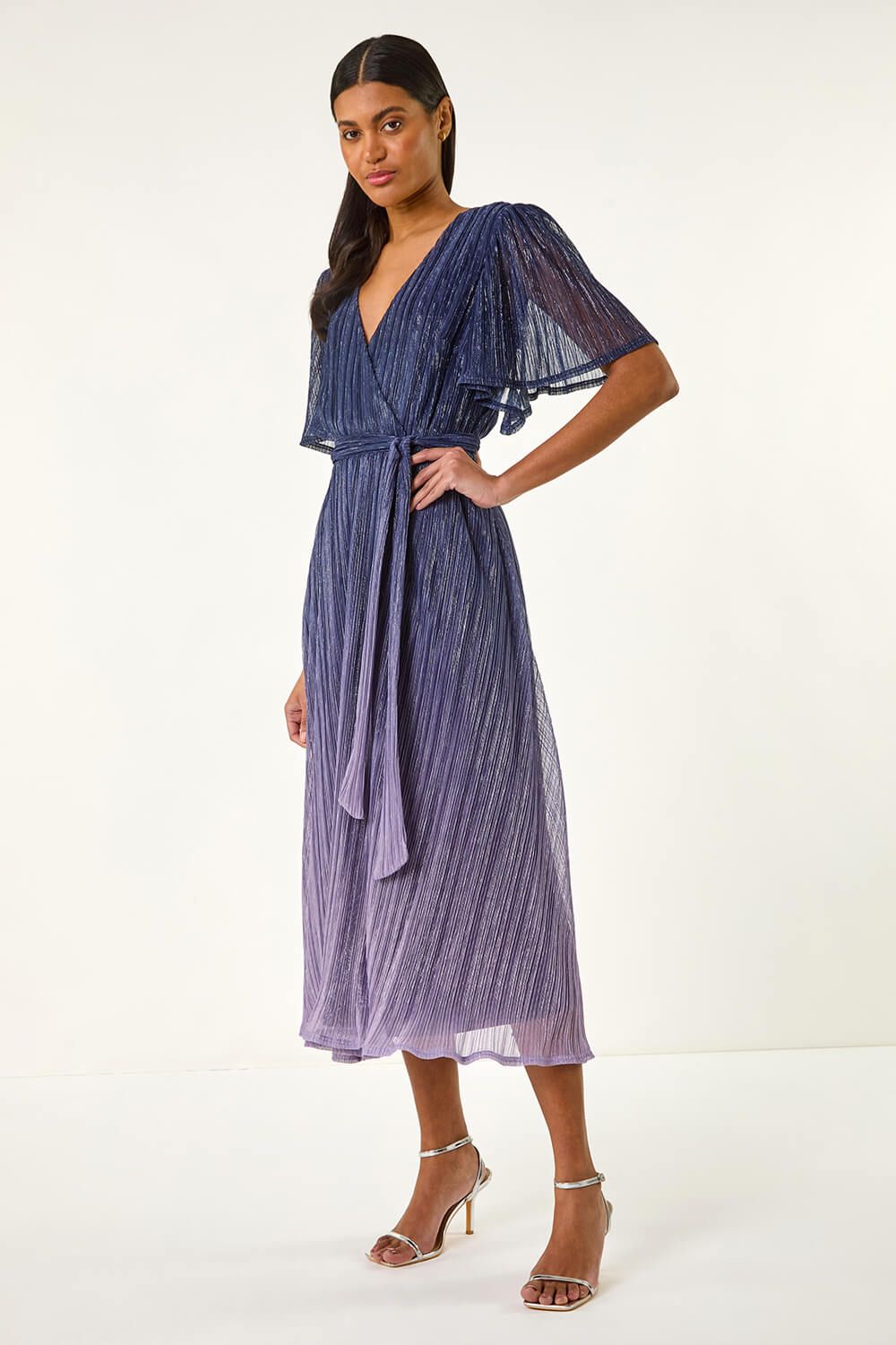 Roman Ombre Shimmer Plisse Midi Dress