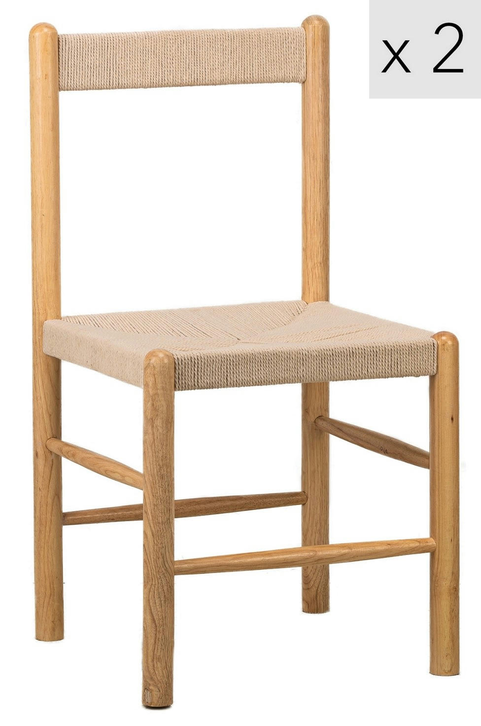 - Lot de 2 chaises en bois massif et corde naturelle