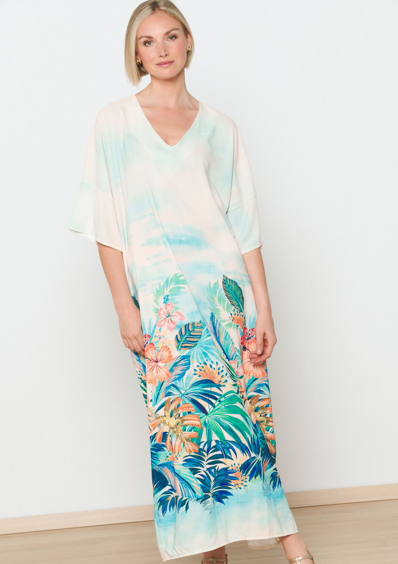 Oversized kaftanjurk tropische print