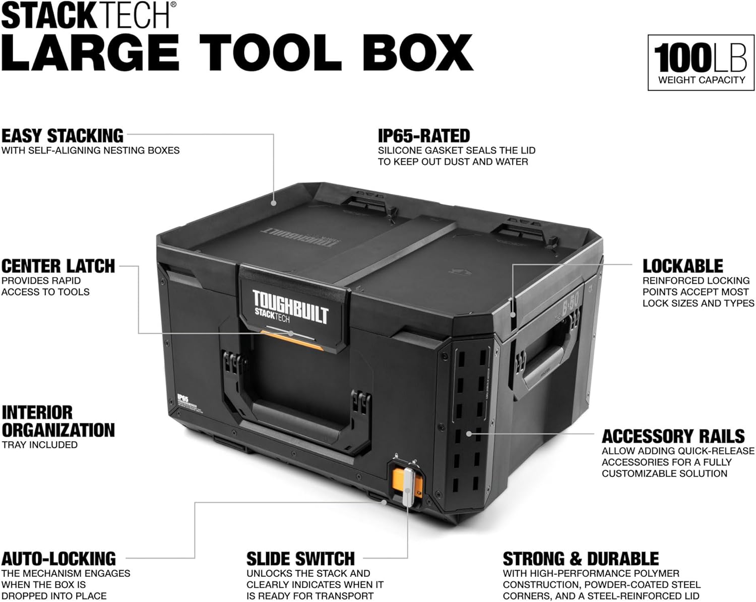 ToughBuilt StackTech Large Tool Box with Auto-Locking Interface, Self-Aligning Top, One-Hand Latch, Accessory Rails, Lock Points & IP65 Protection