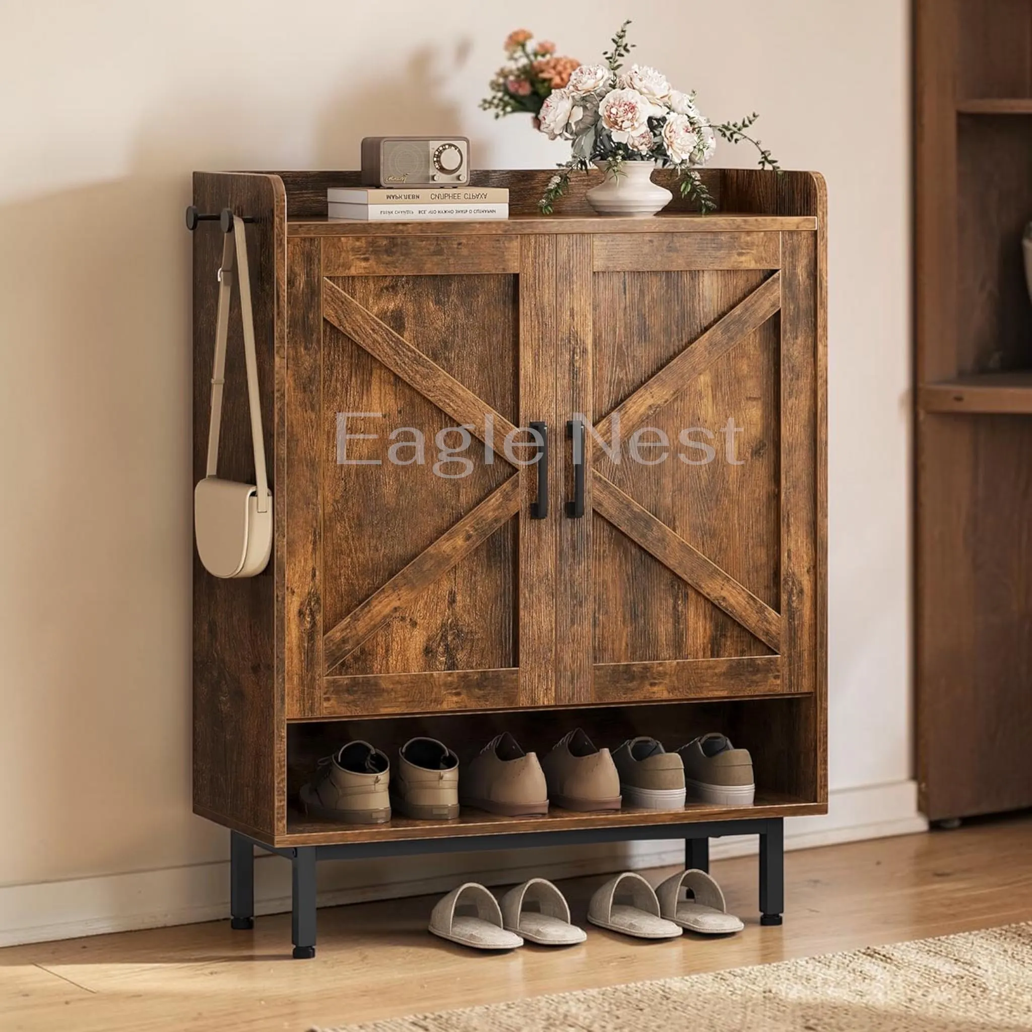 Farmhouse Shoe Storage Cabinet with Doors, Wooden Shoe Rack Organizer with Adjustable Shelves and Side Hooks, Entryway Hallway Foyer Storage