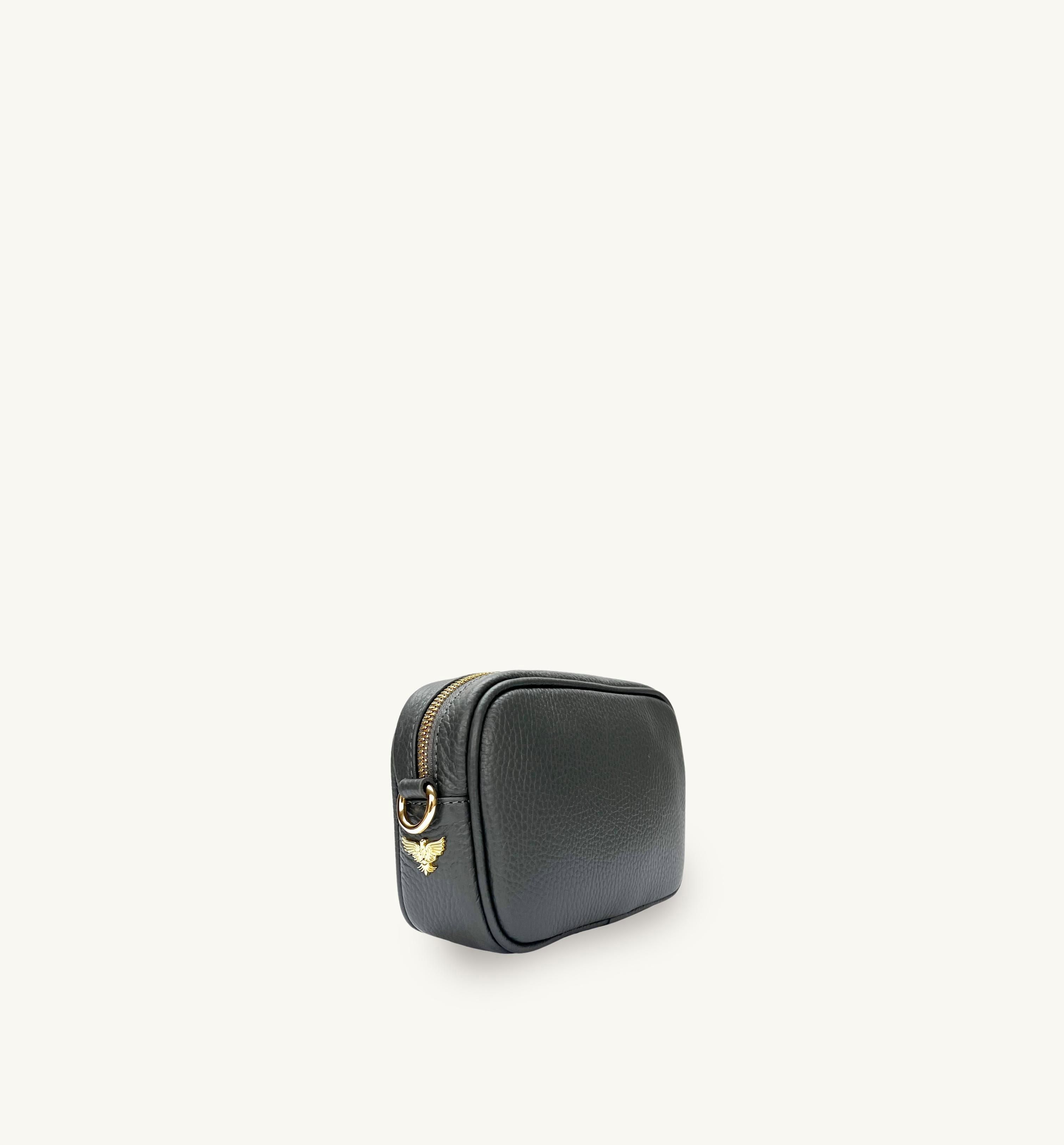 Apatchy London The Mini Tassel Dark Grey Leather Phone Bag With Midnight Zigzag Strap