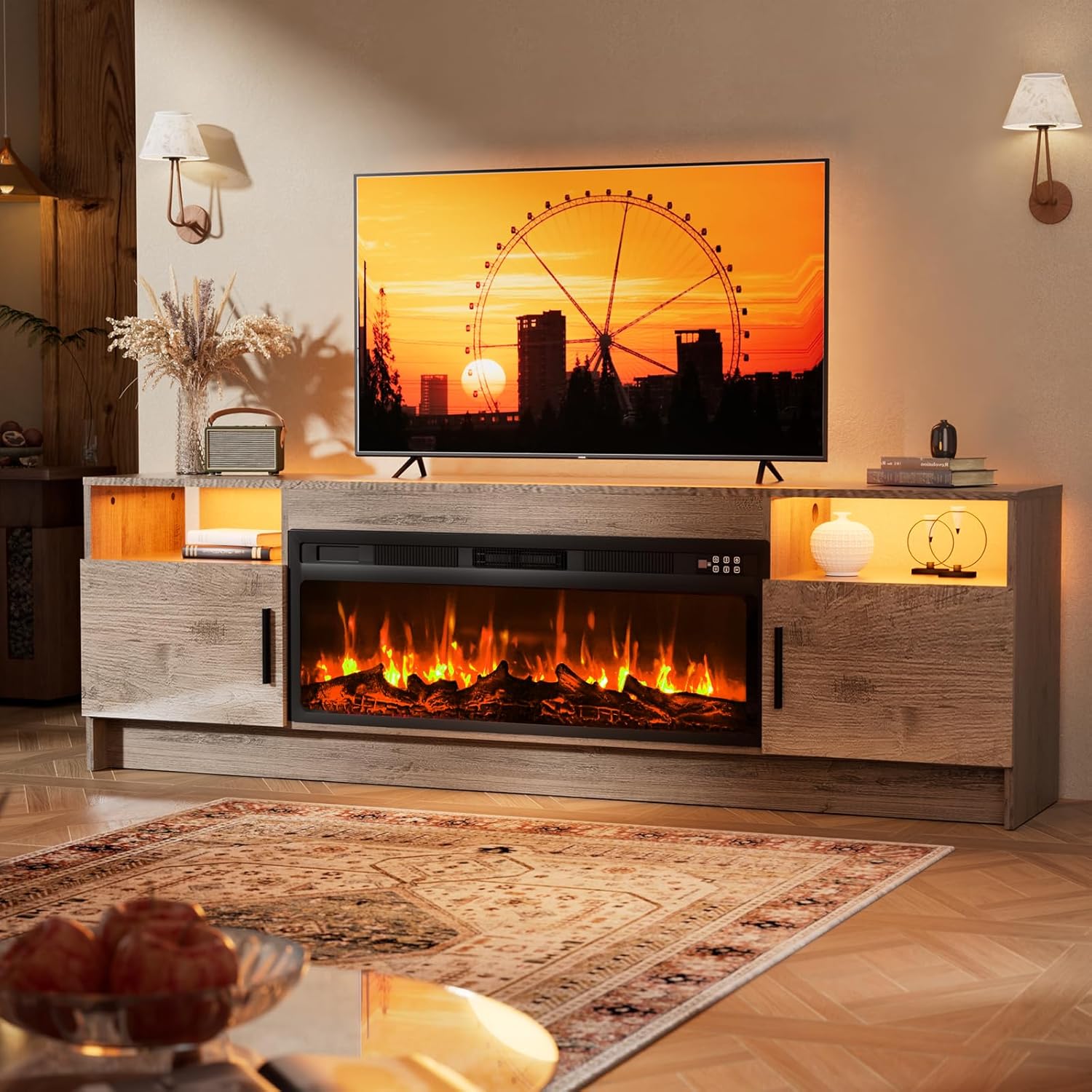 Fireplace TV Stand with 36 Fireplace Up to 80 TV, 70 Entertainment Center with LED Lights, Remote Control, TV Media Console with Storage Cabinets for Living Room, Grey