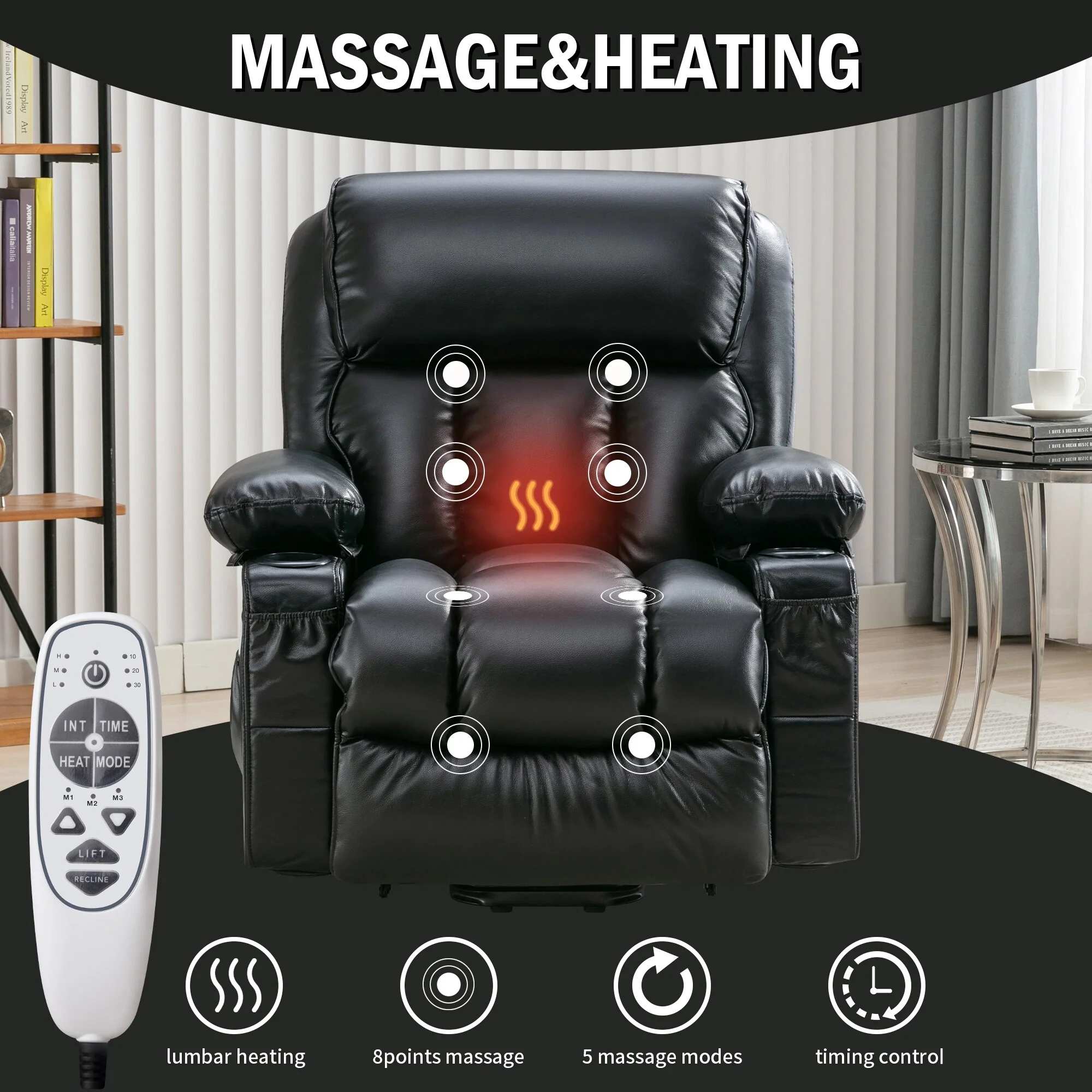 Black Large Power Lift Massage Chair for Seniors with Heating, Vibration, PU Leather Upholstery, USB Port, Adjustable Settings