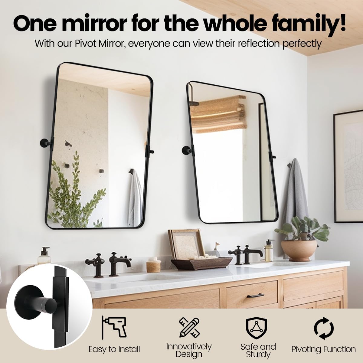 MOON MIRROR 24x36 Matte Black Pivot Mirror for Bathroom, Metal Frame Bathroom Mirrors for Wall，Rectangle Titling Vanity Wall Mirror with Rounded Corner Hangs Vertical(Overall 27.75 x 36)