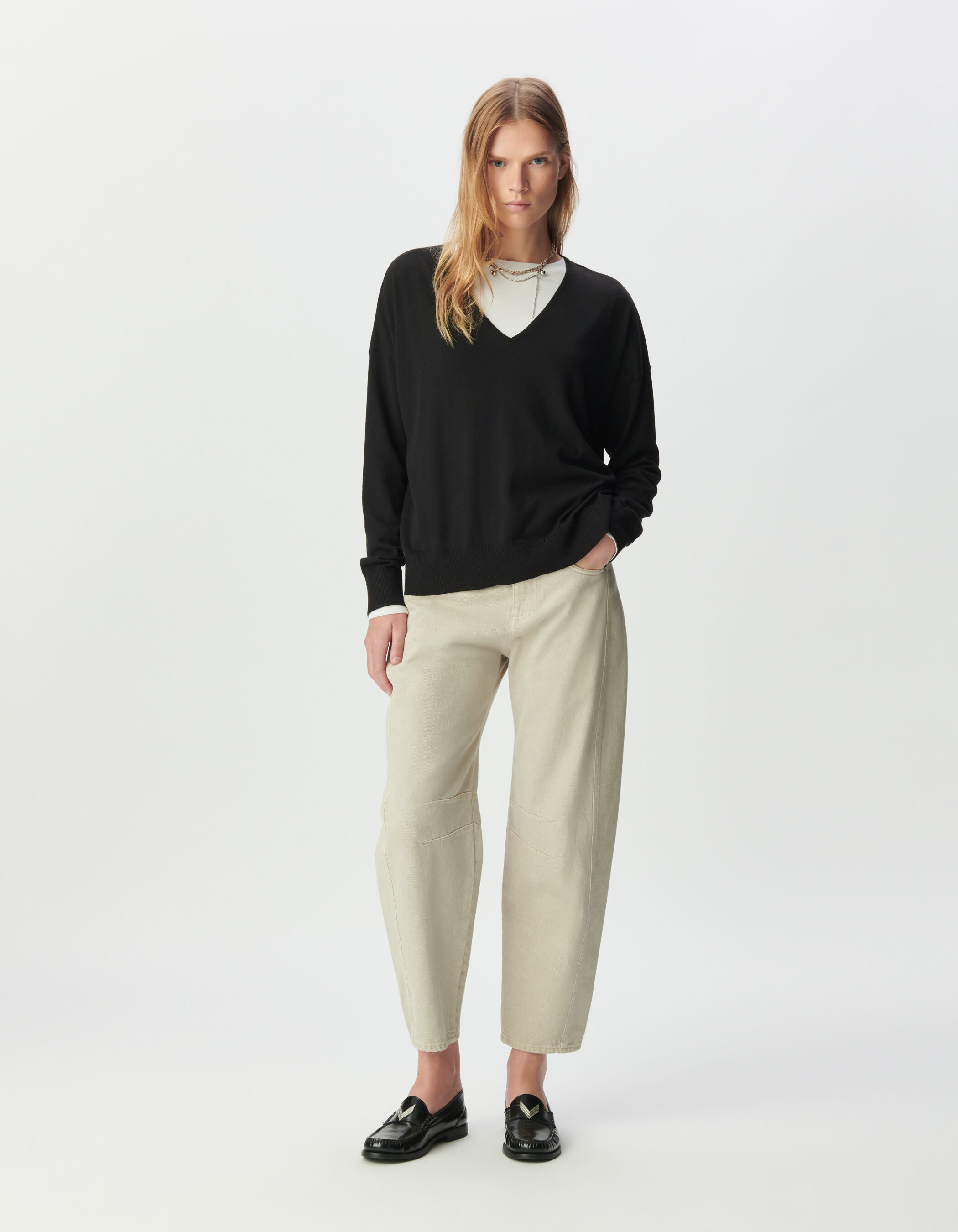 Pull encolure V noir tricot fin oversize Femme