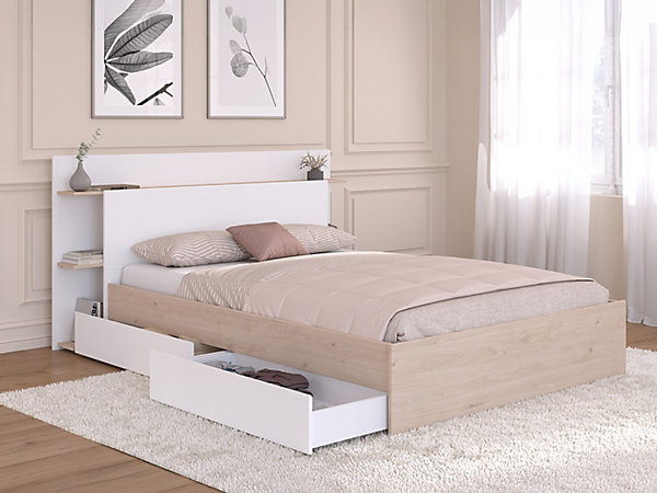Lit 140 x 190/200 cm avec 4 tiroirs - Coloris : Naturel et blanc - TILONIDE