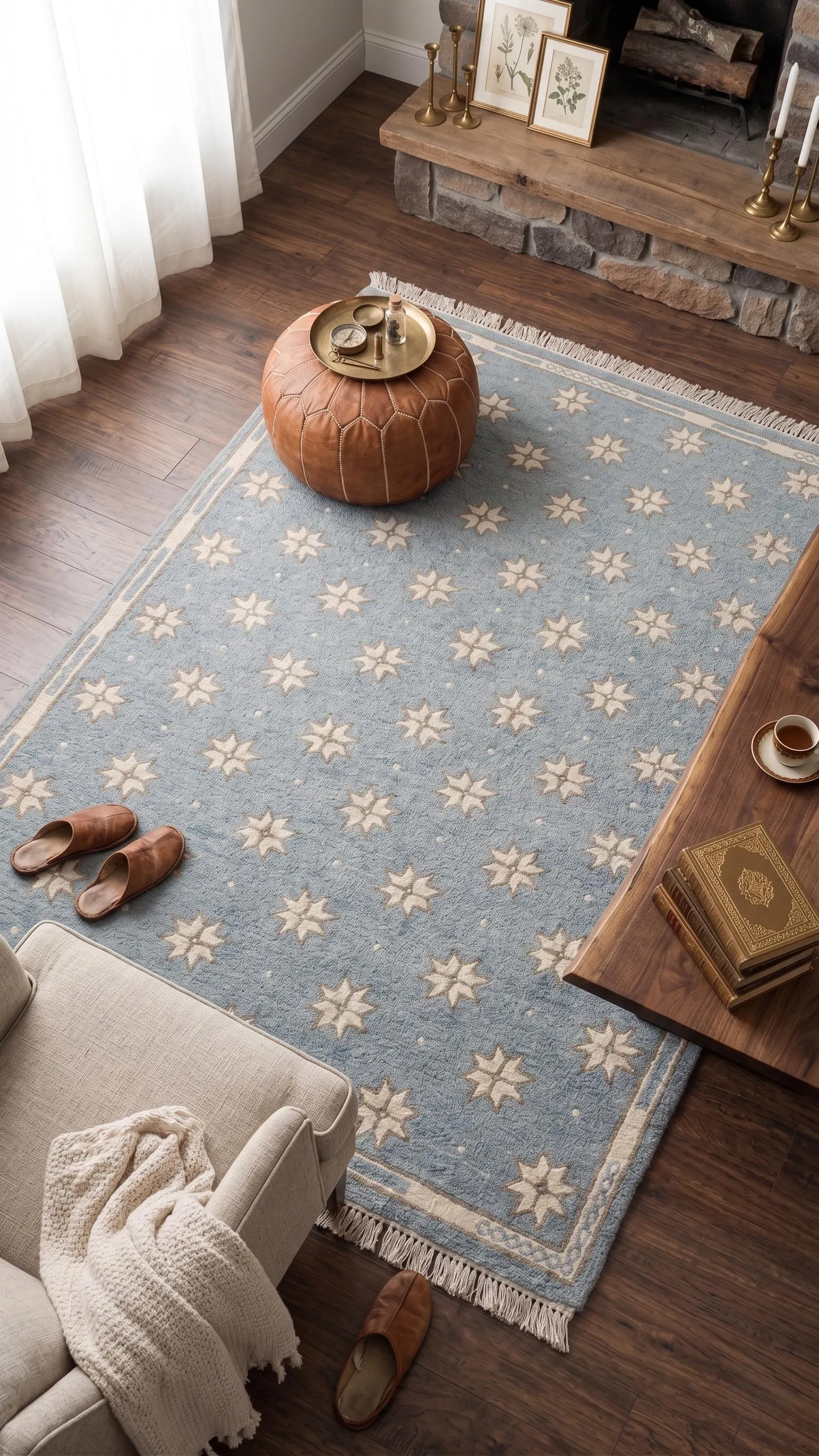 Light Blue Star Geometric Fringed Area Rug | Scandinavian Coastal Farmhouse Carpet