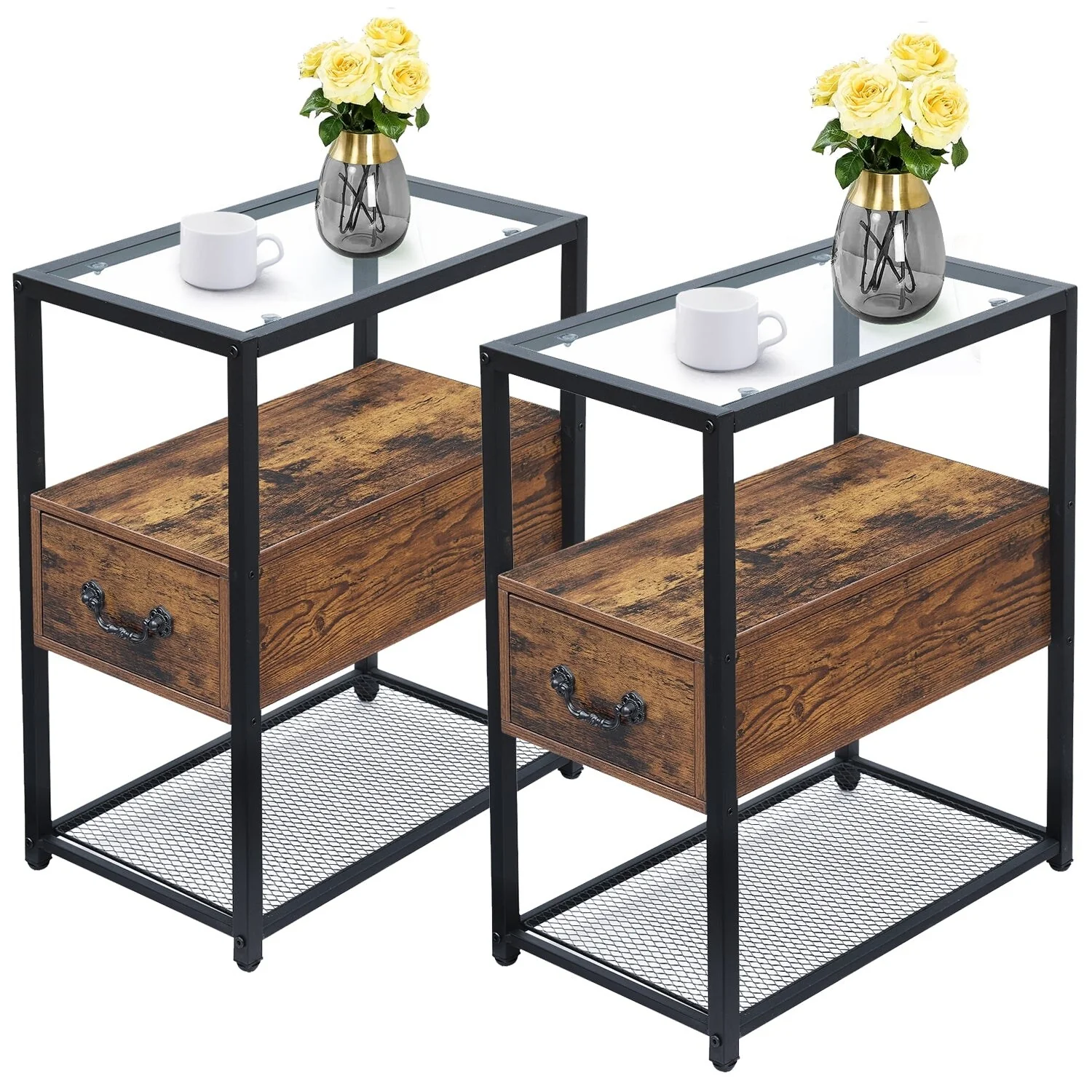 VECELO (Set of 2) 1-Drawer Modern Nightstands with Glass Top