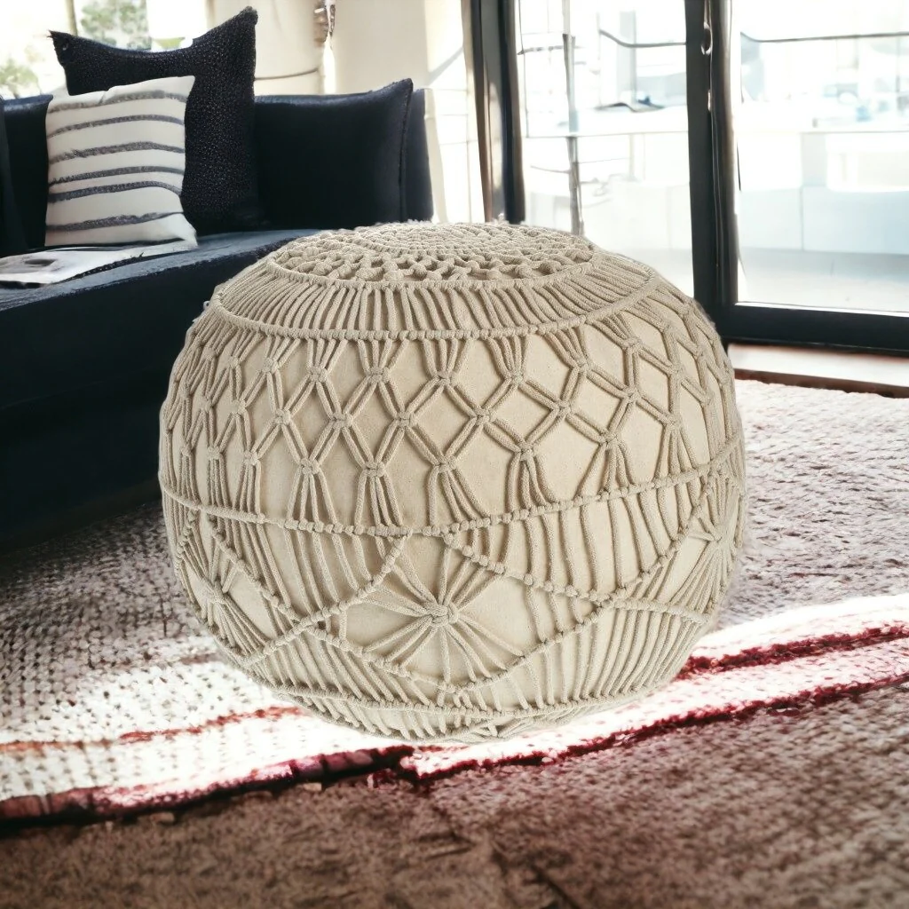 20-inch Cream Cotton Tufted Round Pouf Ottoman for Living Room or Bedroom