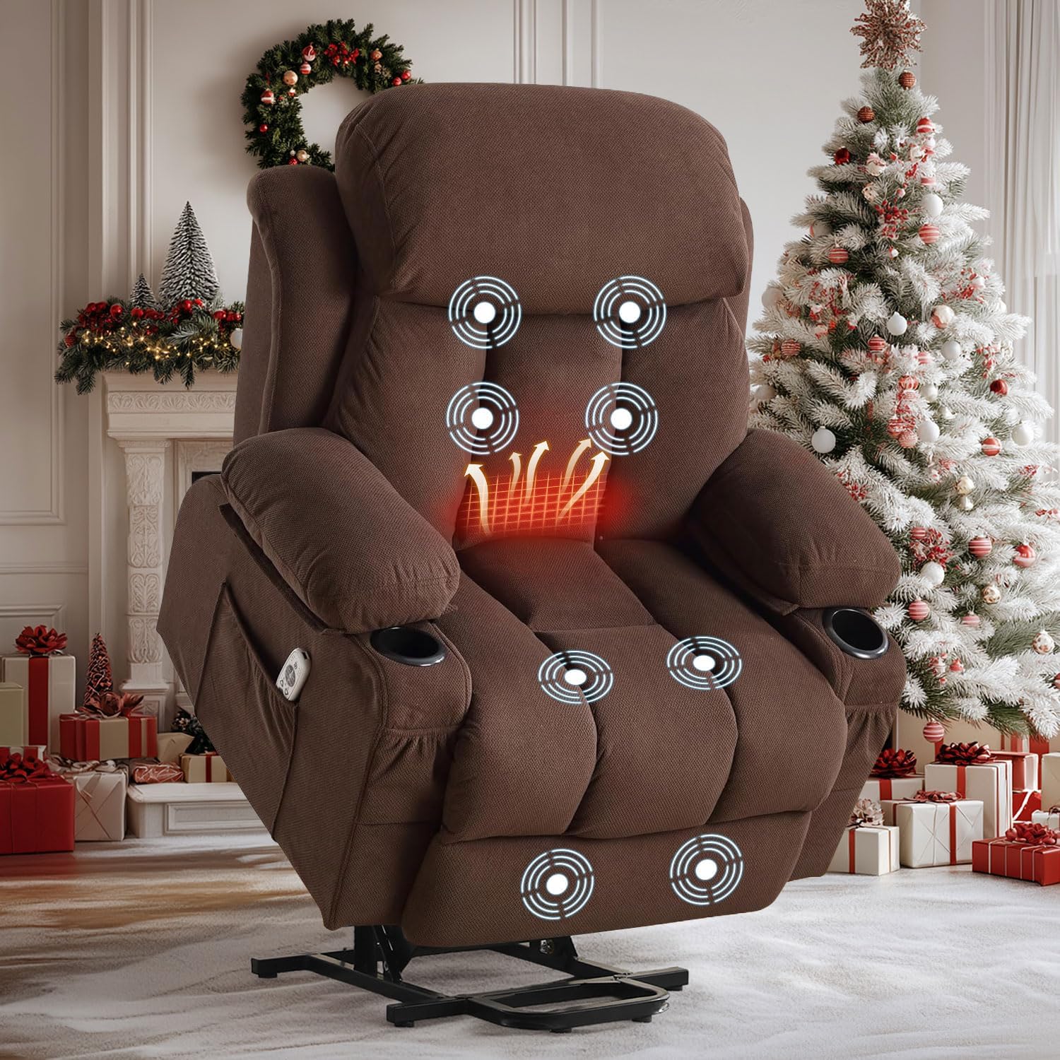 BOSMILLER Power Lift Recliner Chair with Massage and Heat for Elderly, Electric Recliner Single Sofa with Two Cup Holders, Extended Footrest, Side Pocket and USB Charge Port for Living Room