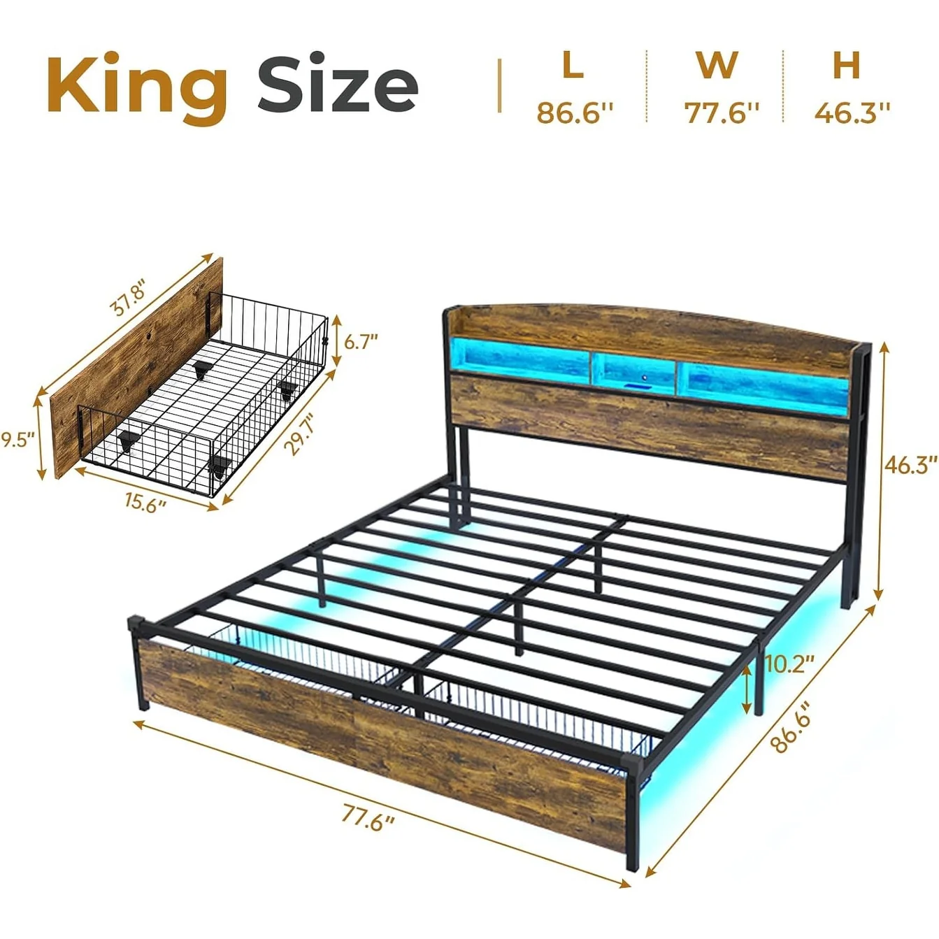 Bed Frame LED Light Headboard Platform Bed USB-C/A Charging Station