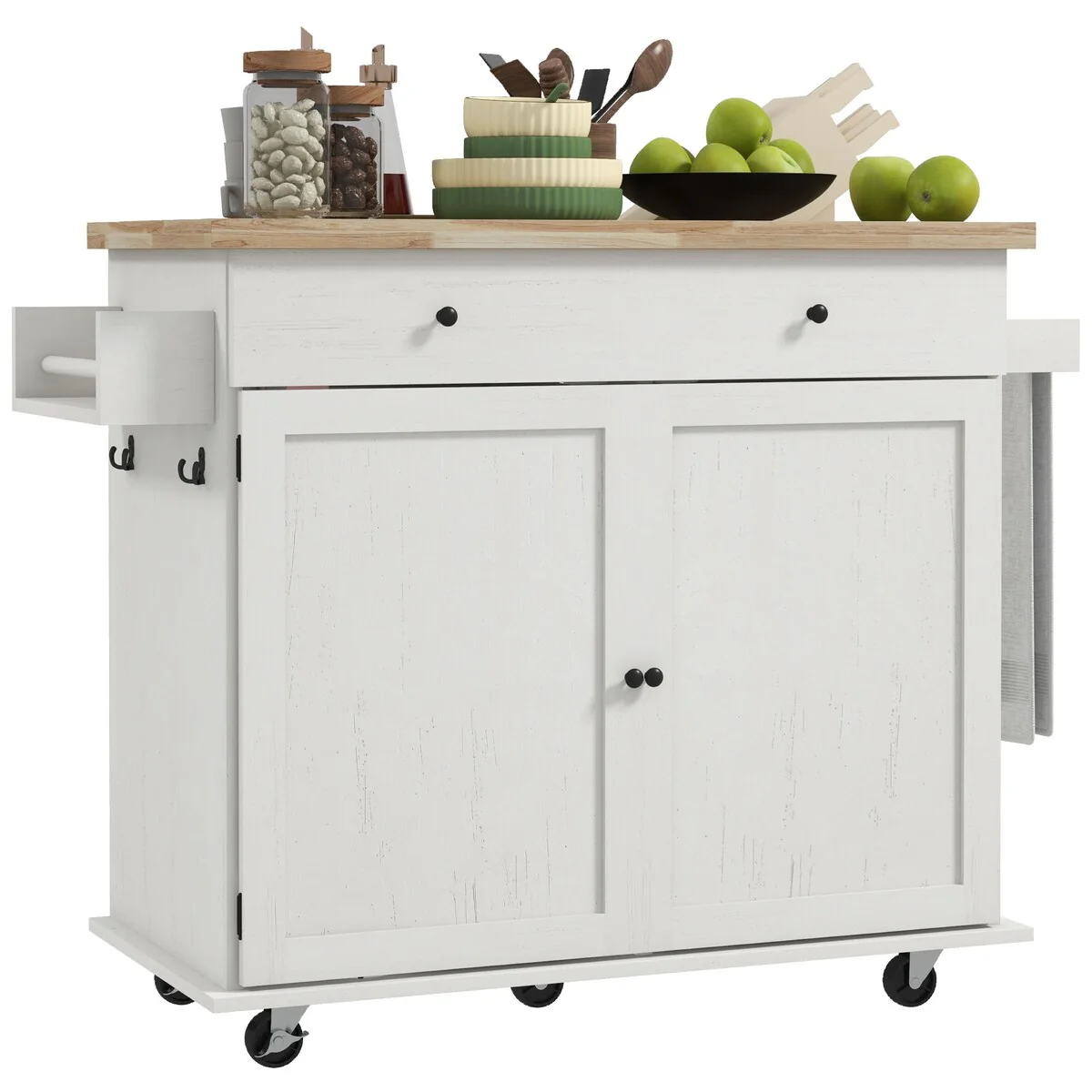 HOMCOM Kitchen Island with Storage, Farmhouse Rolling Kitchen Island Cart on Wheels with Drawer, 2 Cabinets, Rubberwood Top
