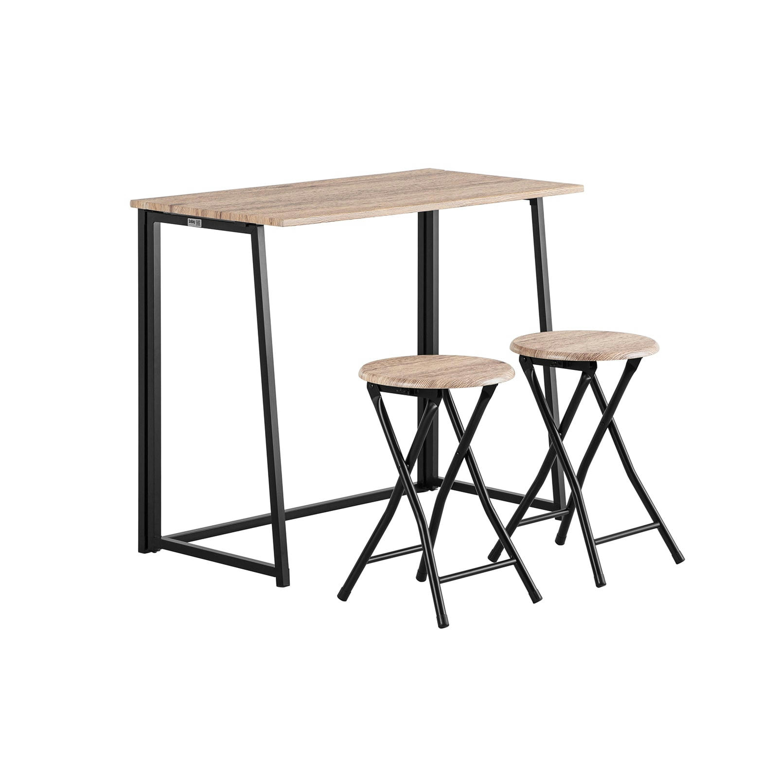 - Set de table pliante et 2 tabourets pliants effet bois et métal noir