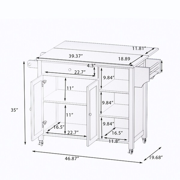 Double Door Kitchen Island with Lockable Wheels,Expandable Desktop