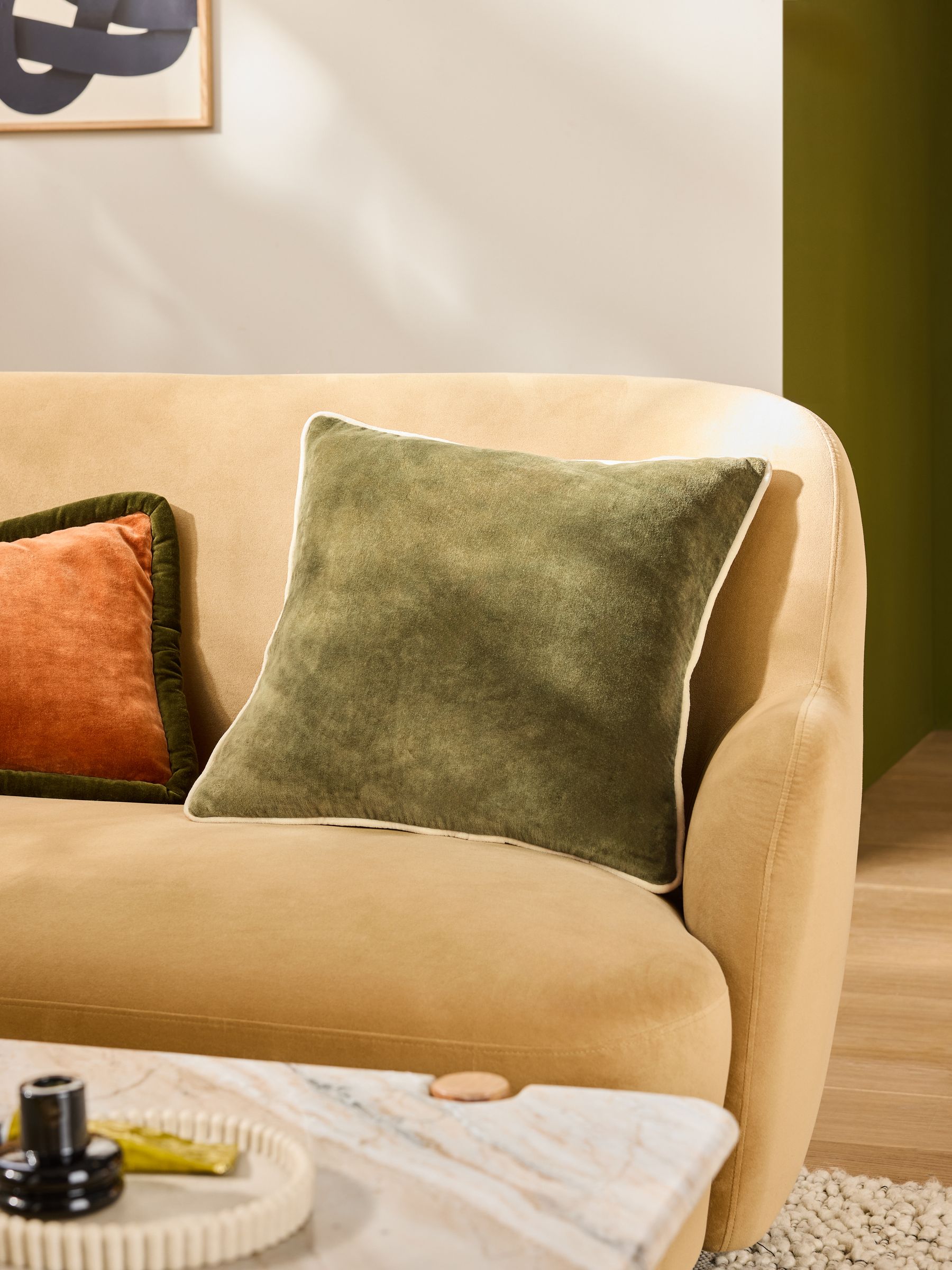 Bailey Cotton Velvet Piped Cushion in Khaki Green