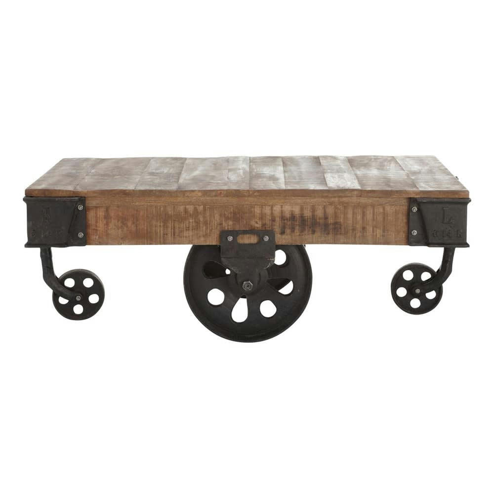 Colorado - Table basse industrielle à roulettes en bois de manguier massif et métal L130