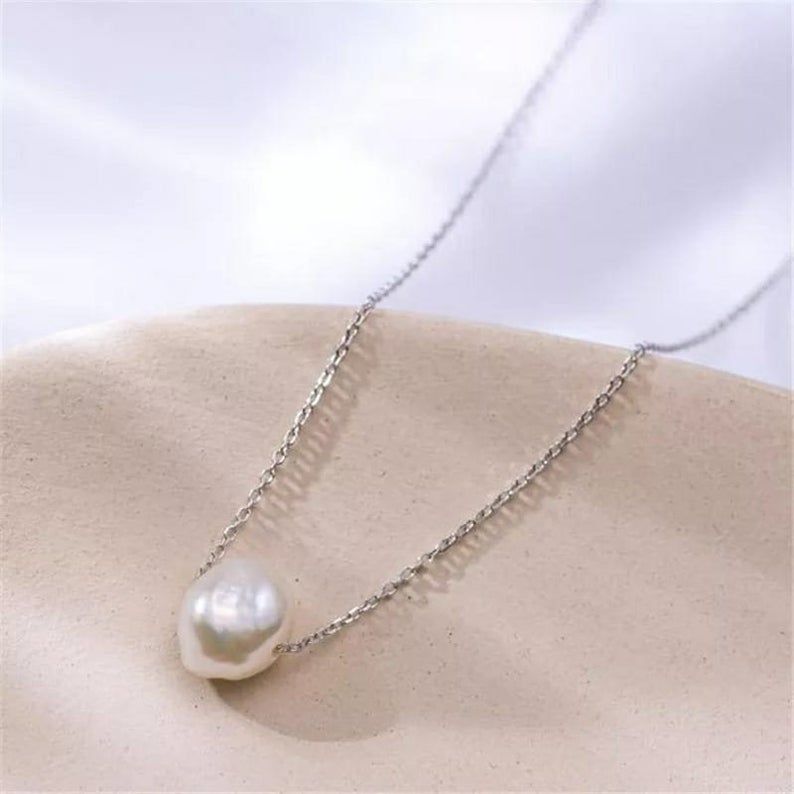 The Colourful Aura Gold Silver Plated Single White Pearl Minimalist Floating Pendant Necklace