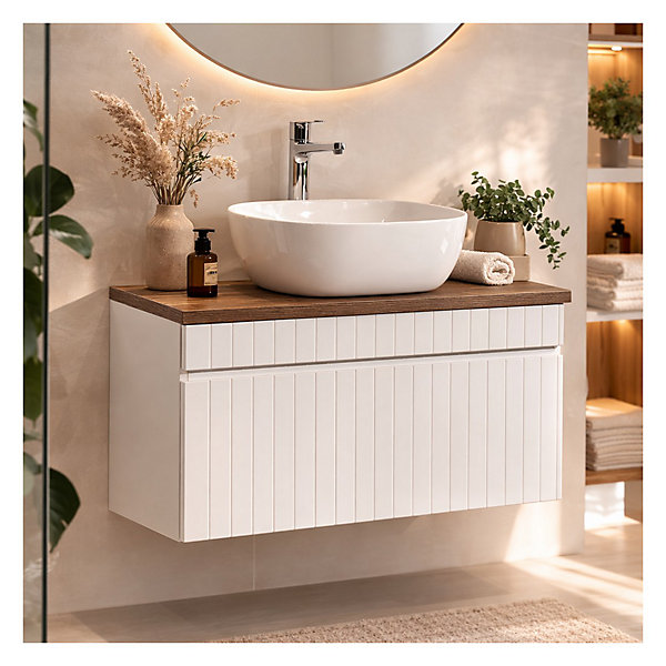 Ensemble ICON blanc : meuble sous vasque 80cm et plan pour vasque aspect bois foncé et vasque à poser blanche