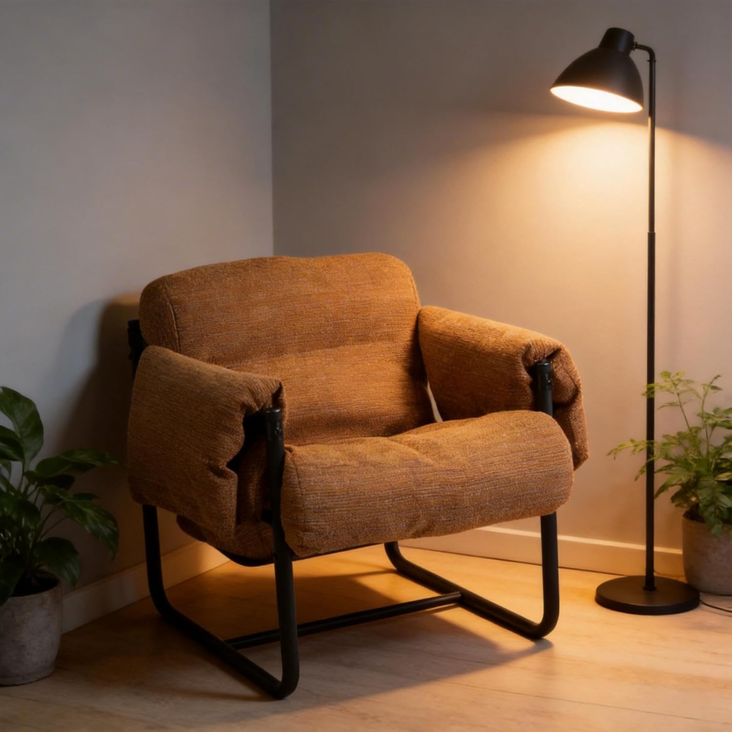 Kinfant Mid Century Modern Accent Chair, Chunky Upholstered Armchair with Metal Frame, Oversized Lounge Chair for Living Room Bedroom Small Spaces, Textured Chenille Fabric, Caramel Brown
